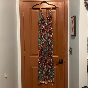 T-Bags summery maxi dress gold straps marble print